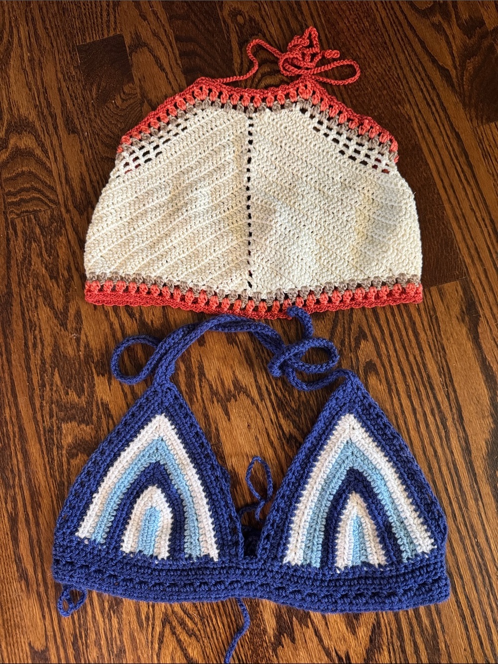 Bundle of 2 crochet cropped halter tops. Shades of blue/white. Ivory/tan/orange